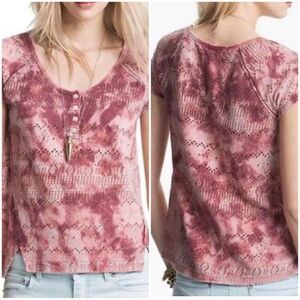 Free People Women’s Pink Tie Dye Eyelet Short Sleeve Boho Tee Top Size SP